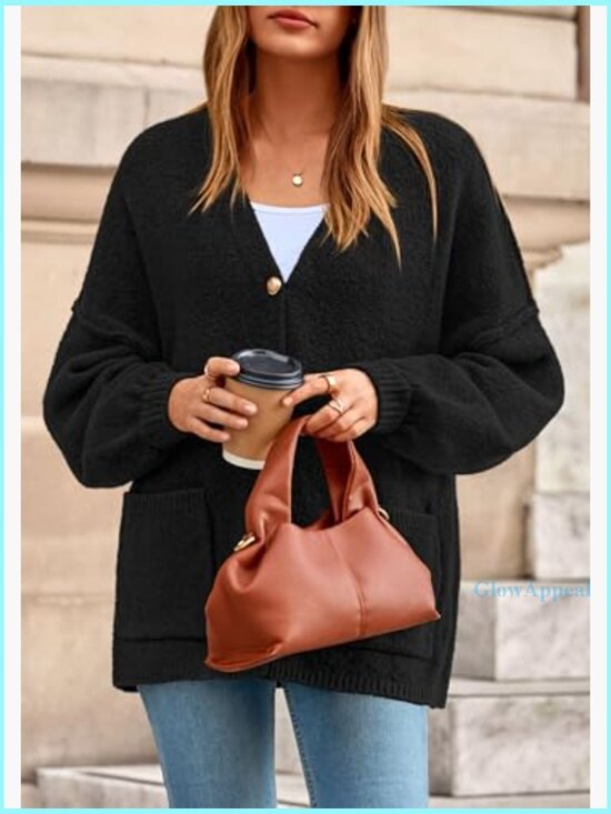 Oversized Chunky Cardigan with Lantern Sleeves and Pockets - Picture 6 of 7